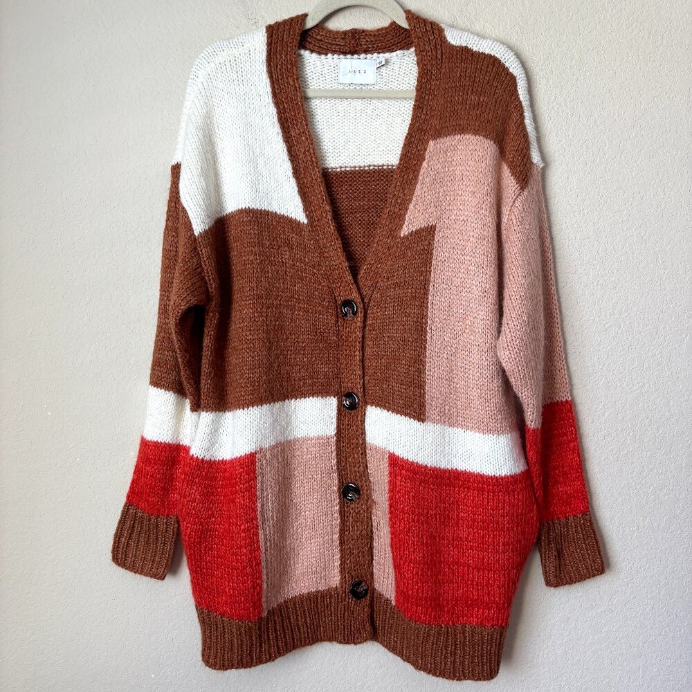Lush Cozy Wool Blend Oversized Grandpa Colorblock Cardigan Sweater - Picture 1 of 12